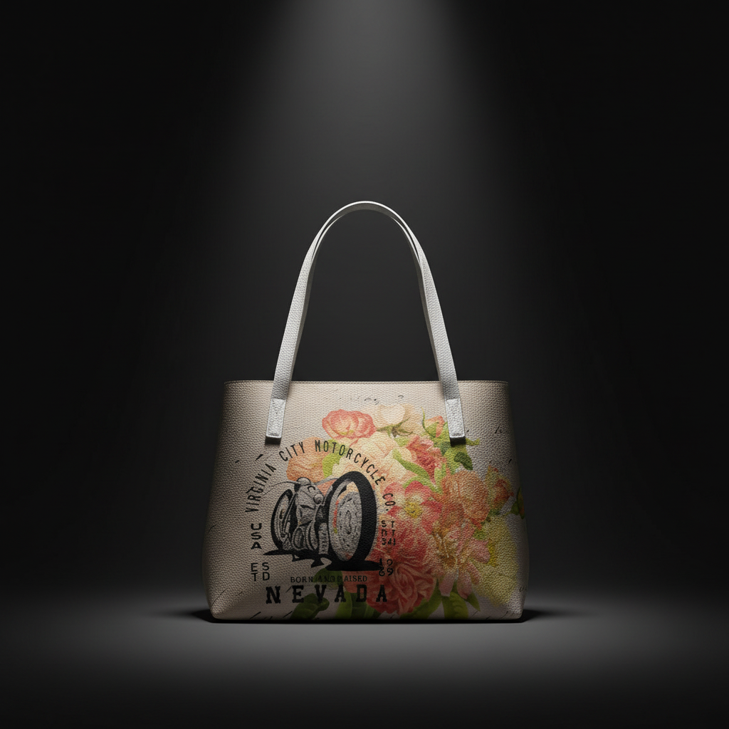 VCMCo. Born and Raised in Nevada vegan leather tote bag in dramatic studio spotlight — floral and vintage motorcycle graphic front and center on dark background