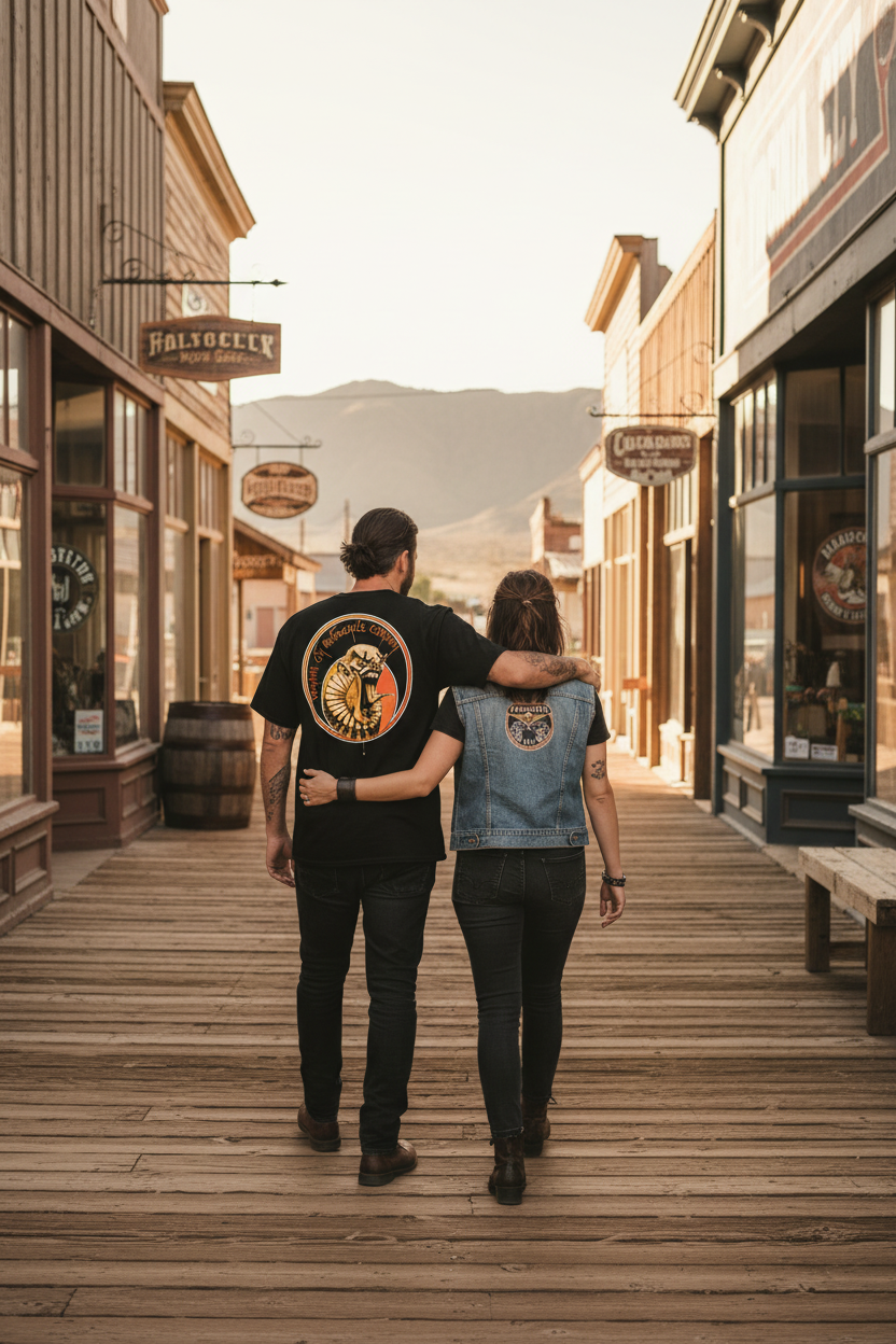 Clown Series #2 Black Biker T-Shirt back graphic — couple walking down the historic city boardwalk with shops on the side, men's motorcycle graphic tee by Virginia City Motorcycle Company, VCMCo.