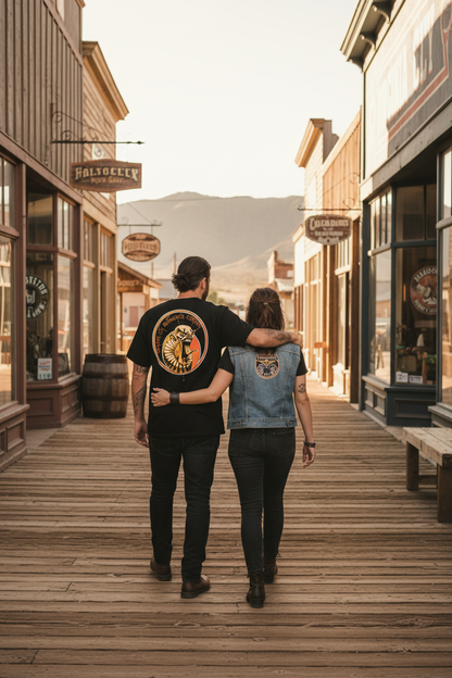 Clown Series #2 Black Biker T-Shirt back graphic — couple walking down the historic city boardwalk with shops on the side, men's motorcycle graphic tee by Virginia City Motorcycle Company, VCMCo.