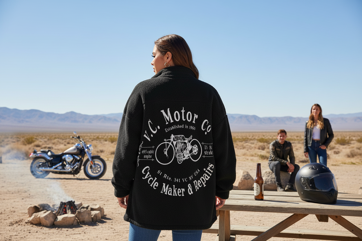 Cycle Maker Oversized Fleece Zip-Up Jacket — Woman Wearing Back Logo at Nevada Desert Campfire | VCMCo. Vintage Motorcycle Apparel