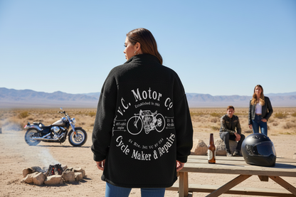 Cycle Maker Oversized Fleece Zip-Up Jacket — Woman Wearing Back Logo at Nevada Desert Campfire | VCMCo. Vintage Motorcycle Apparel