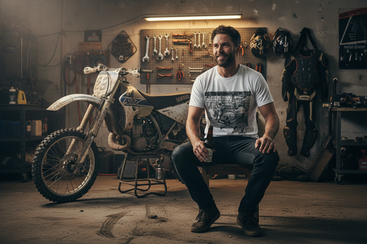 Dirt Bike Arenacross White T-Shirt — male rider relaxing in the garage after putting his dirt bike away, vintage Nevada motorsport graphic tee by Virginia City Motorcycle Company, VCMCo.