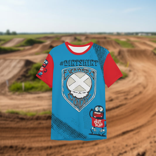 the go out and play kids #dirtshirt motocross graphic tee for virginia city motorcycle company with a blurred out dirt bike race track in the background