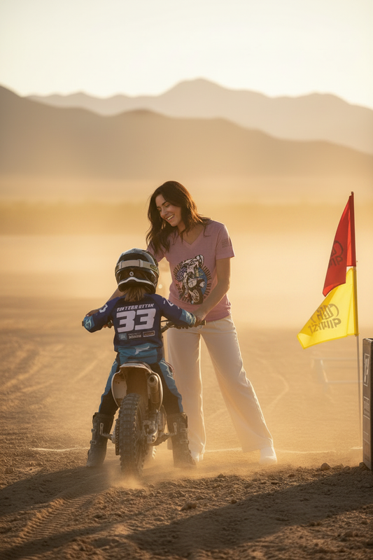 Women's motorcycle V-neck t-shirt in Heather Mauve — mom wearing Grand Prix biker tee at Nevada dirt bike race starting line with young child rider — Virginia City Motorcycle Company women's riding shirt