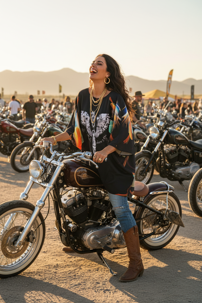 Lifestyle AI side view of "I Tell My Evil Where to Fly" black bat sleeve shirt showing eagle skull graphic and vibrant orange teal abstract all-over print — women's motorcycle apparel by VCMCo.