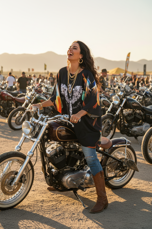 Lifestyle AI side view of "I Tell My Evil Where to Fly" black bat sleeve shirt showing eagle skull graphic and vibrant orange teal abstract all-over print — women's motorcycle apparel by VCMCo.