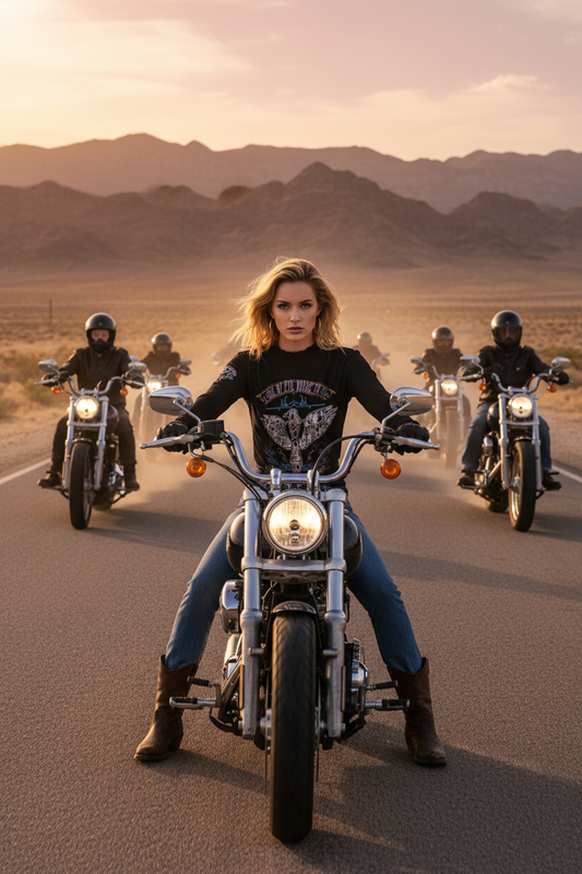 Woman leading a motorcycle pack on a Nevada desert highway wearing the "I Tell My Evil Where to Fly" black mesh long sleeve coverup by VCMCo. — biker lifestyle apparel