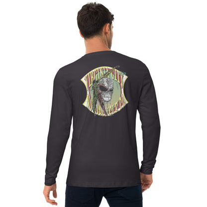 Indian Brave Skull Men's Long Sleeve Fitted Crew — back graphic detail — tribal Native American skull with feathers, Virginia City Motorcycle Company — men's skull biker shirt Nevada
