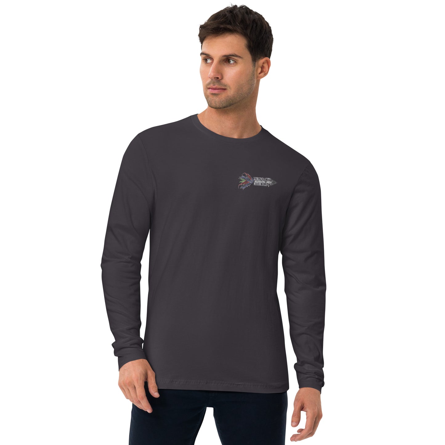 Indian Brave Skull Men's Long Sleeve Fitted Crew — back graphic detail — tribal Native American skull with feathers, Virginia City Motorcycle Company — men's skull biker shirt Nevada