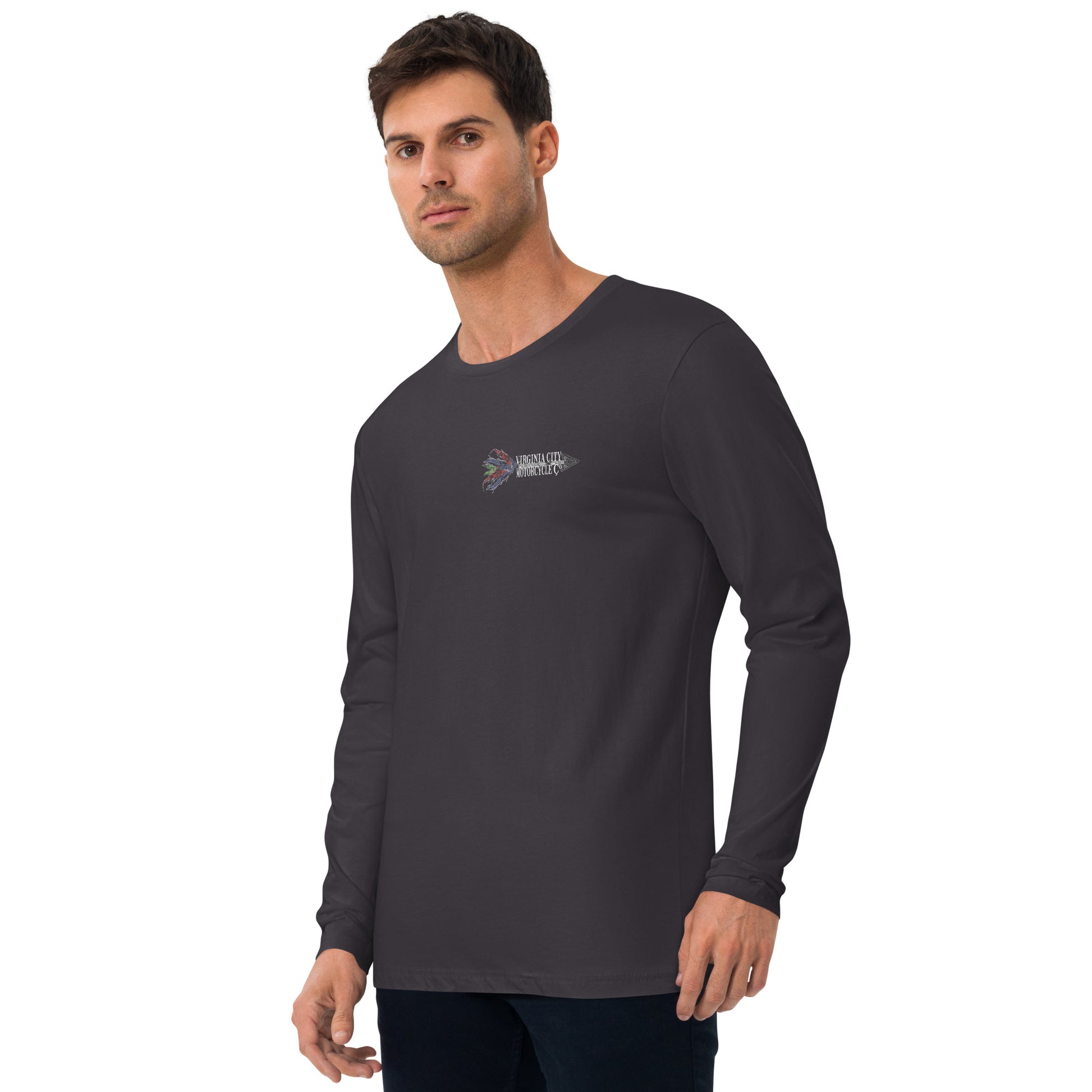Indian Brave Skull Men's Long Sleeve Fitted Crew — back graphic detail — tribal Native American skull with feathers, Virginia City Motorcycle Company — men's skull biker shirt Nevada