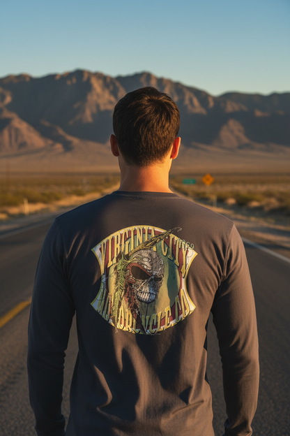 Indian Brave Skull Men's Long Sleeve Fitted Crew — back graphic detail — tribal Native American skull with feathers, Virginia City Motorcycle Company — men's skull biker shirt Nevada