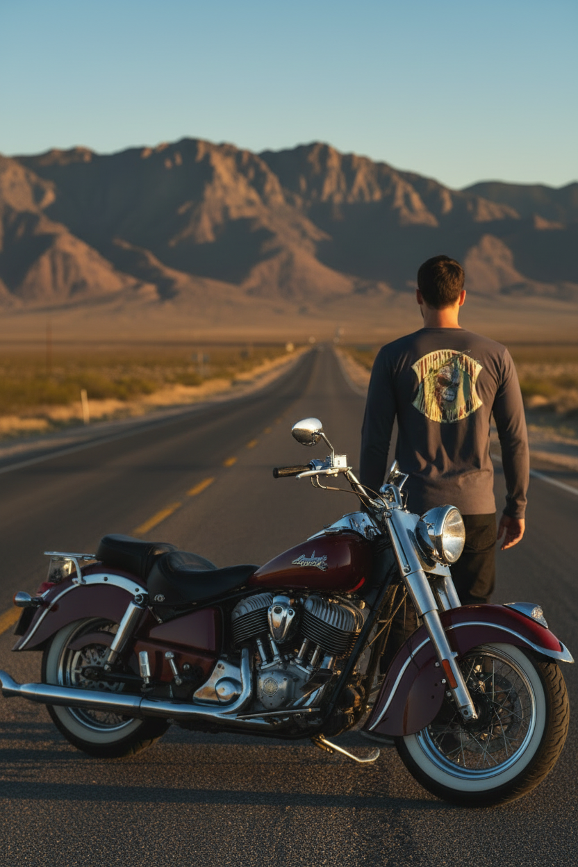 Indian Brave Skull Men's Long Sleeve Fitted Crew — back graphic detail — tribal Native American skull with feathers, Virginia City Motorcycle Company — men's skull biker shirt Nevada