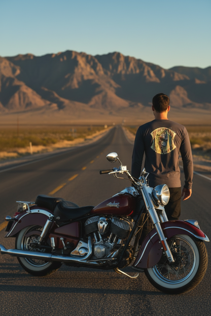 Indian Brave Skull Men's Long Sleeve Fitted Crew — back graphic detail — tribal Native American skull with feathers, Virginia City Motorcycle Company — men's skull biker shirt Nevada