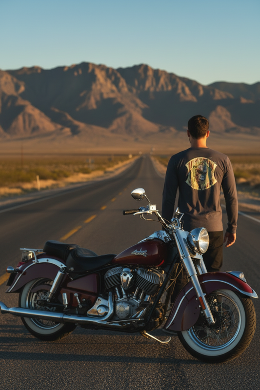 Indian Brave Skull Men's Long Sleeve Fitted Crew — back graphic detail — tribal Native American skull with feathers, Virginia City Motorcycle Company — men's skull biker shirt Nevada