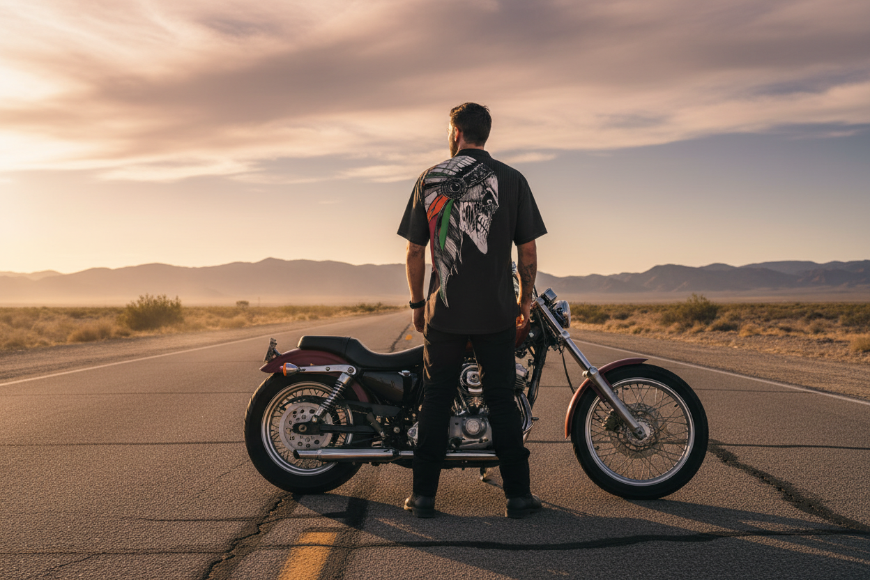 Indian Chief Skull Biker Lifestyle — Nevada Desert Highway, man standing in front of a motorcycle on a lonely Nevada road with the desert in the background wearing the VCMCo. Indian Chief Hawaiian Shirt.