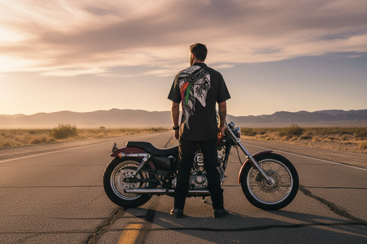 Indian Chief Skull Biker Lifestyle — Nevada Desert Highway, man standing in front of a motorcycle on a lonely Nevada road with the desert in the background wearing the VCMCo. Indian Chief Hawaiian Shirt.