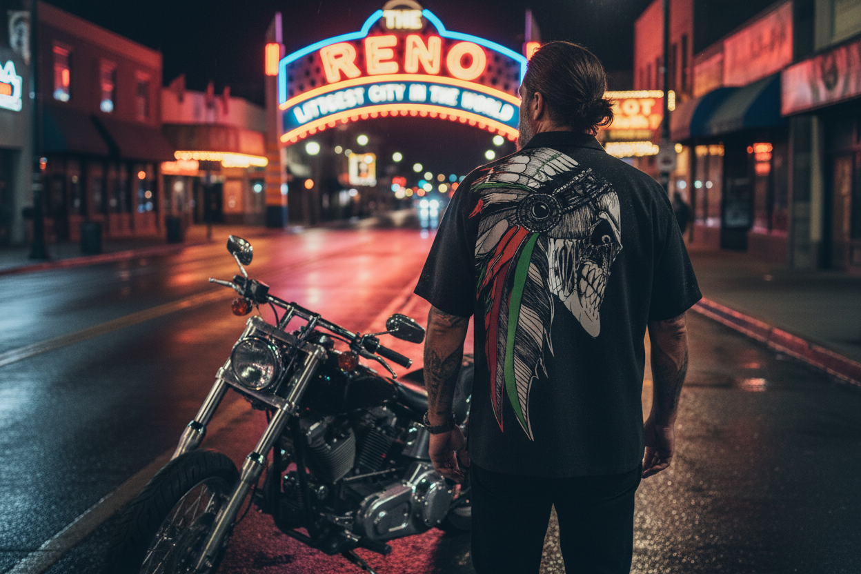 VCMCo. Indian Chief Skull Biker Lifestyle — Reno Nevada Urban, man on a downtown Reno street in front of a motorcycle with the Reno Arch in the background wearing the VCMCo. Indian Chief Hawaiian Shirt.