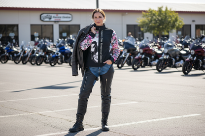 Lifestyle image of woman wearing Virginia City Motorcycle Company jacket