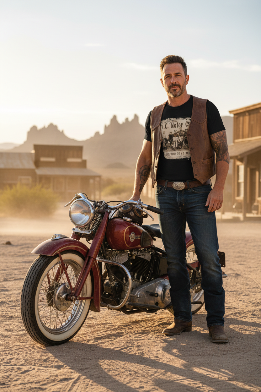 Male motorcycle rider wearing 1920's Motorcycle Club vintage t-shirt standing with classic motorcycle in desert heritage setting