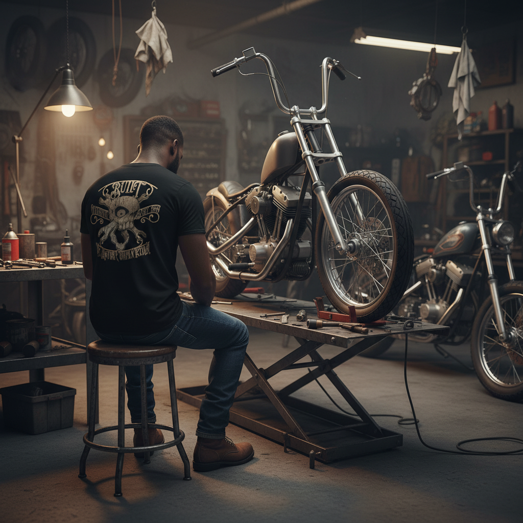 Man wearing VCMCo Built shirt working on chopper motorcycle in garage