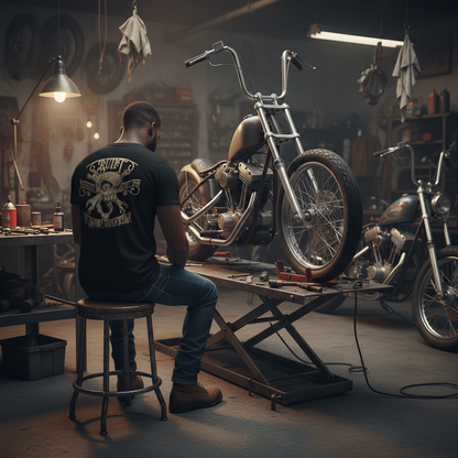 Man wearing VCMCo Built shirt working on chopper motorcycle in garage