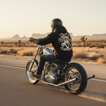 Man with helmet riding chopper motorcycle wearing VCMCo Built hoodie