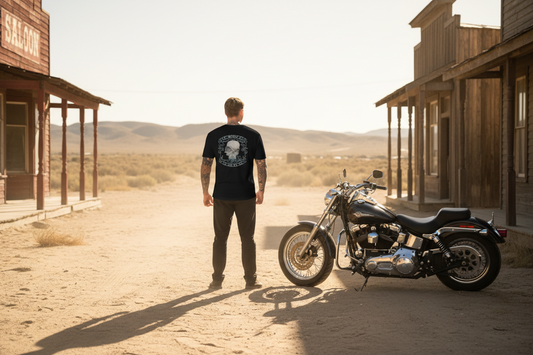 Man standing next to a motorcycle in a desert town setting wearing a Virginia City Motorcycle Company Skull shirt