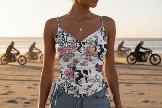 Motorcycle lifestyle beach scene with a Virginia City Motorcycle Company tie up cami original design skull top