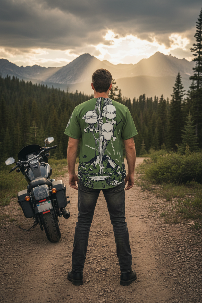 Back view of the VCMCo. My Tribe Moto Baseball Jersey in army green, featuring a skull-and-crossbones tree graphic over a mountain wilderness landscape, worn by a rider standing on a rugged mountain road with pine trees and dramatic peaks in the background.