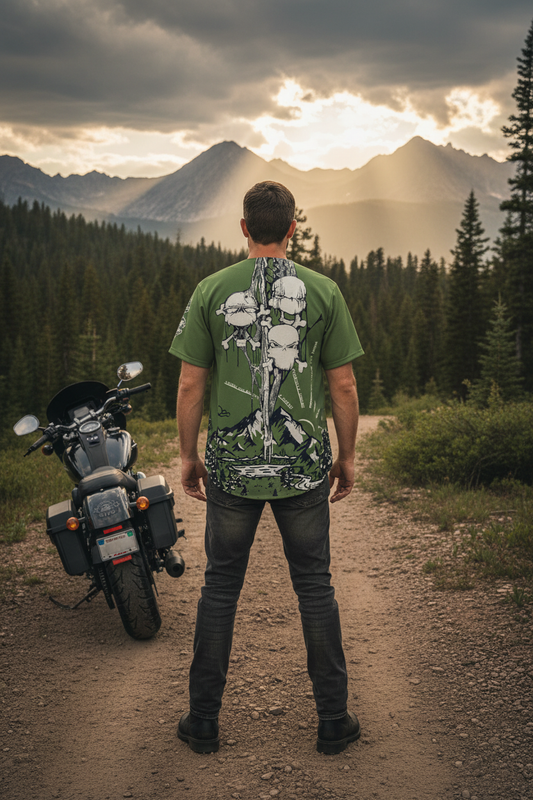 Back view of the VCMCo. My Tribe Moto Baseball Jersey in army green, featuring a skull-and-crossbones tree graphic over a mountain wilderness landscape, worn by a rider standing on a rugged mountain road with pine trees and dramatic peaks in the background.