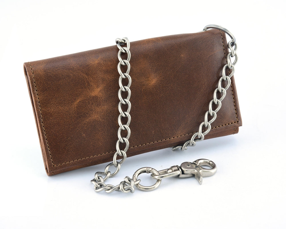 BWC234 Brown Long Bi-Fold Biker Leather Chain Wallet Biker Accessories Virginia City Motorcycle Company Apparel in Nevada USA