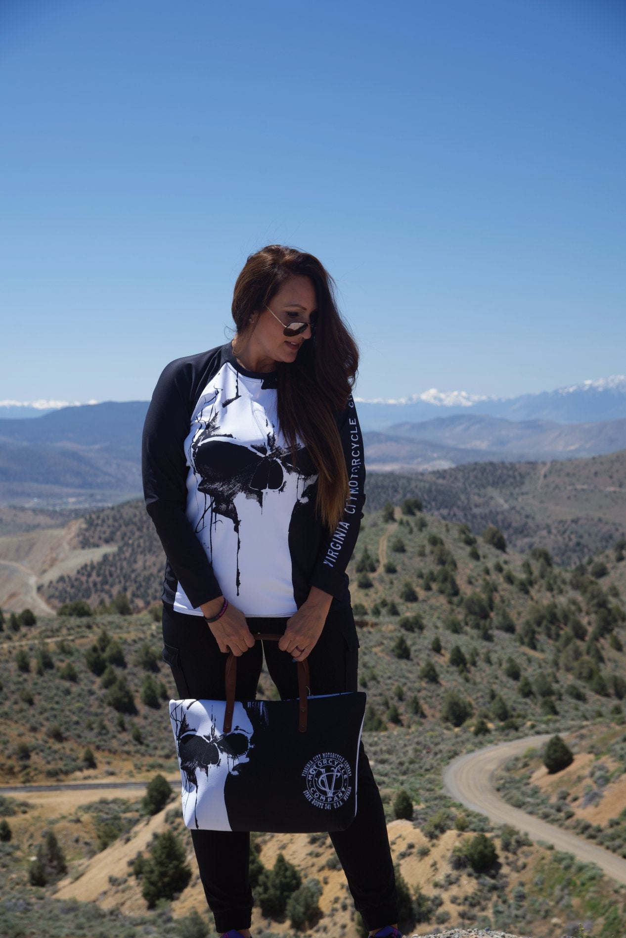 Black and White Skull Women's Tote Bag | Premium Motorcycle Lifestyle Accessory Bag Virginia City Motorcycle Company Apparel in Nevada USA