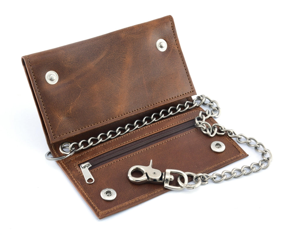 BWC234 Brown Long Bi-Fold Biker Leather Chain Wallet Biker Accessories Virginia City Motorcycle Company Apparel in Nevada USA