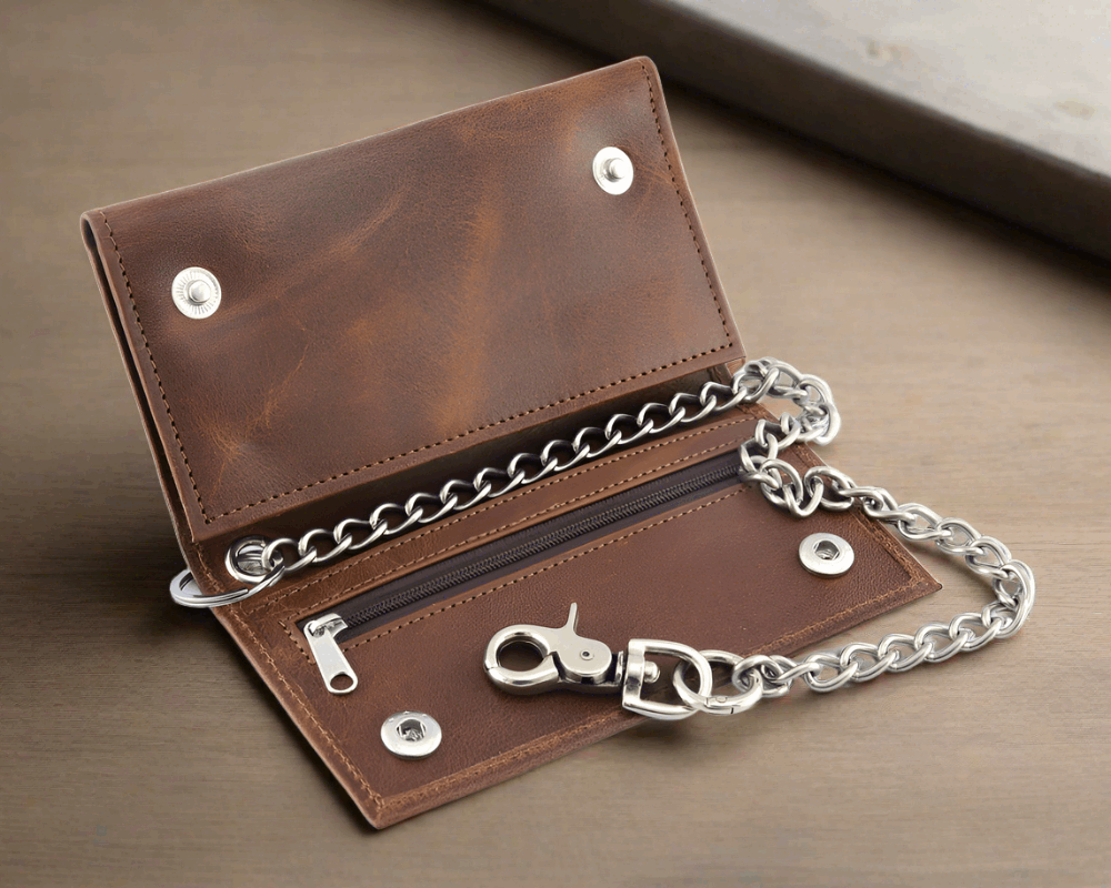 BWC234 Brown Long Bi-Fold Biker Leather Chain Wallet Biker Accessories Virginia City Motorcycle Company Apparel in Nevada USA