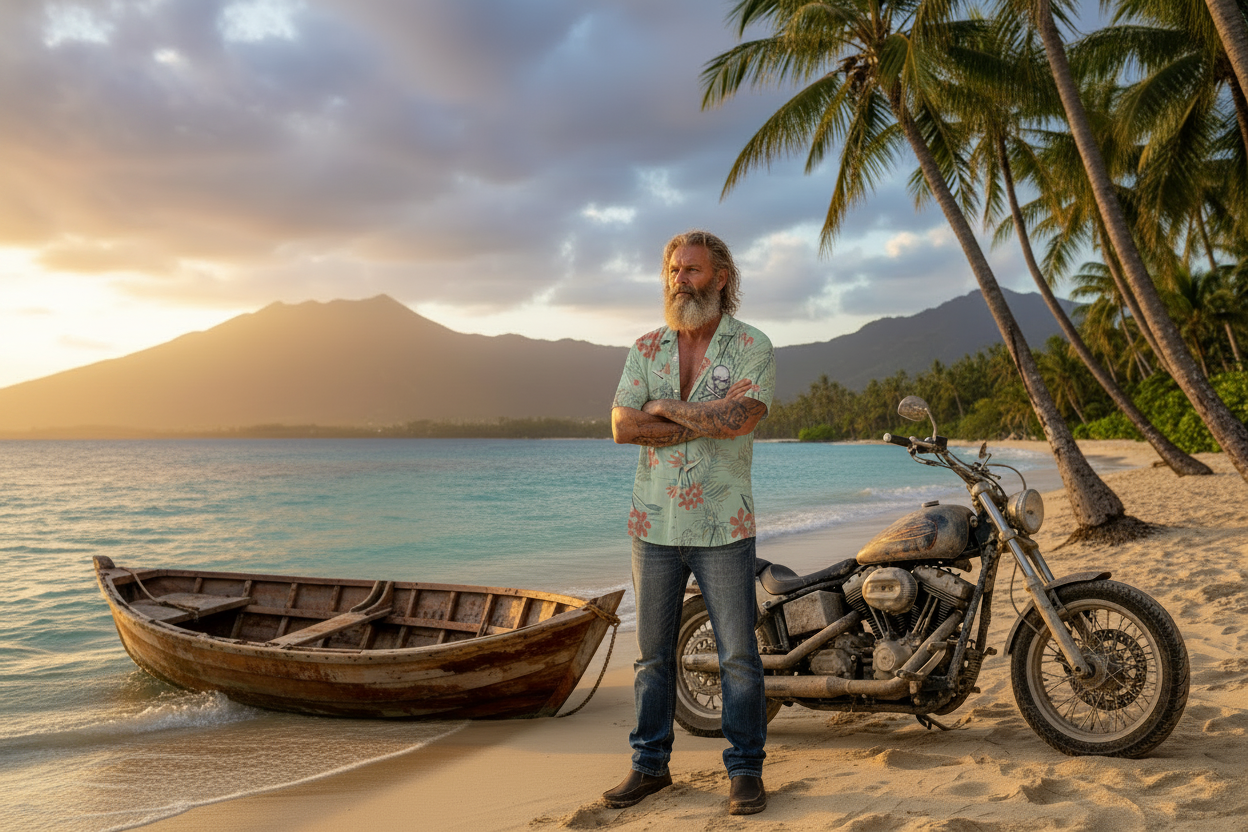 Shipwrecked Burly Biker - Skull Hawaiian Shirt Lifestyle, man wearing VCMCo. skull and crossbones Hawaiian shirt on a beach with swaying palm trees and a dirty motorcycle and wooden row boat .