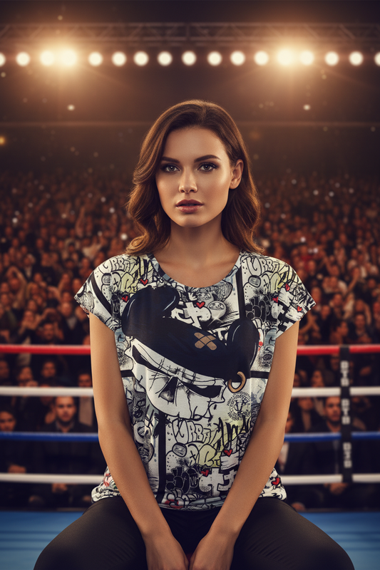 A woman sits in a boxing ring wearing a black and white graphic t-shirt with a large boxing glove print, with a blurred crowd and arena lights in the background.