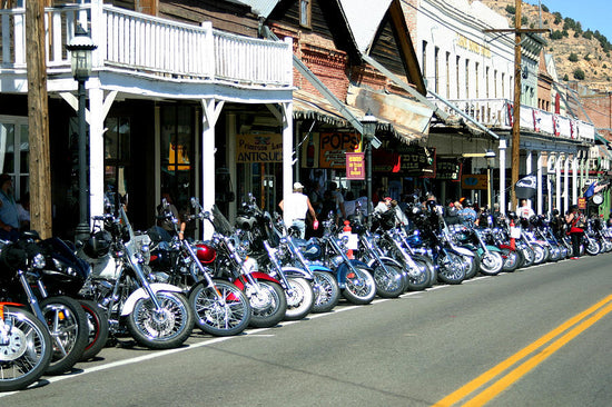 motorcycles in a row in Virginia City Nevada VC Motorcycle Company Nevada