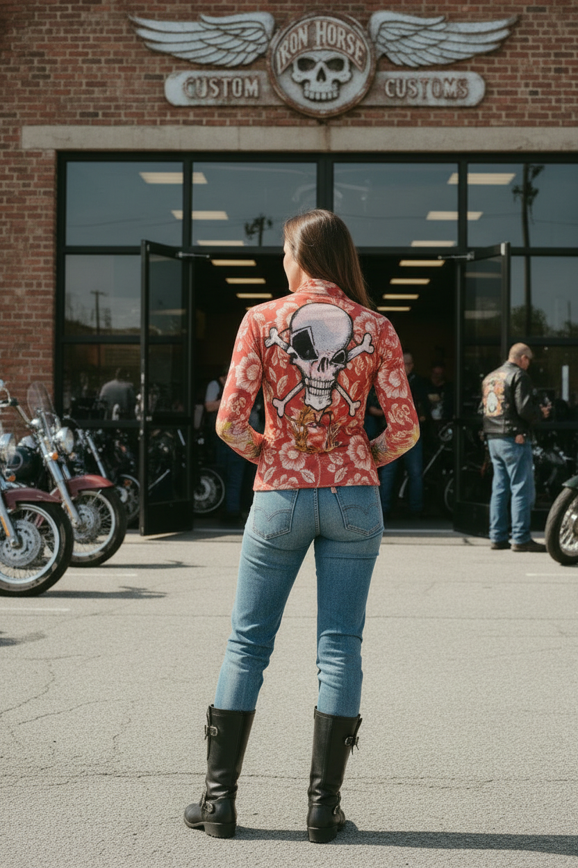 womens sunflower mesh long sleeve skull shirt on a brunette with jeans on and black riding boots in front of a motorcycle shop