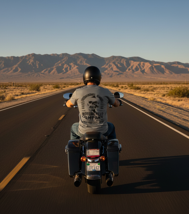 TAG Skull Motorcycle T-Shirt — Rider on Motorcycle, Nevada Desert Highway | VCMCo. Biker Lifestyle Apparel