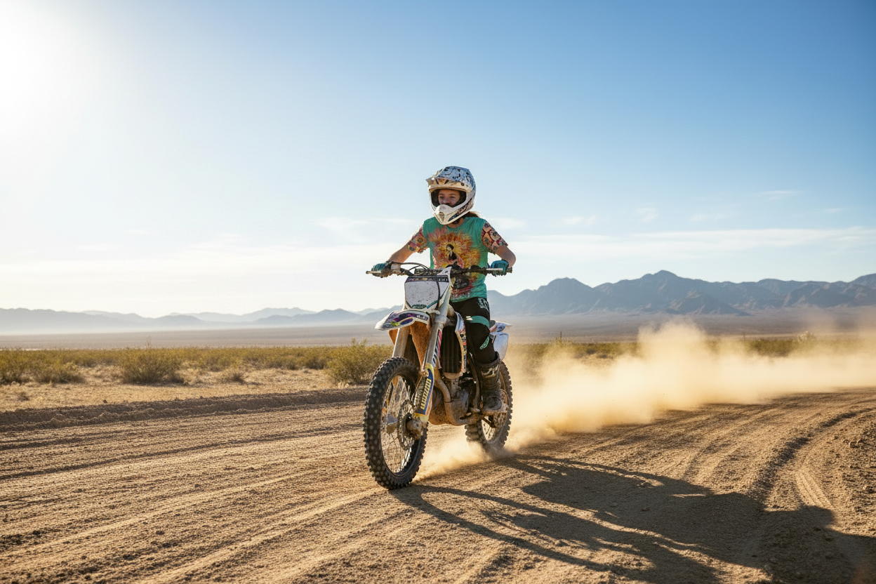 Teen girl dirt bike rider in a teal Tandalaya Lipschitz #dirtshirt short sleeve tee, shredding a motocross track on a sunny Nevada day — VCMCo.