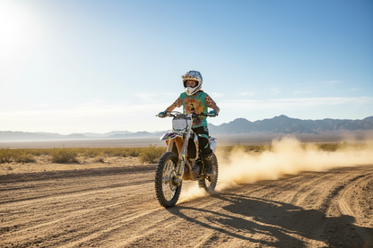 Teen girl dirt bike rider in a teal Tandalaya Lipschitz #dirtshirt short sleeve tee, shredding a motocross track on a sunny Nevada day — VCMCo.