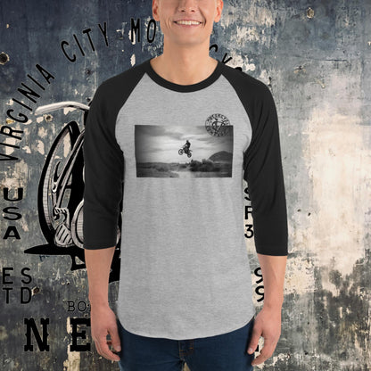 Dirt Bike Catching Air 3/4 sleeve raglan tee Men's T-Shirt Virginia City Motorcycle Company Apparel in Nevada USA
