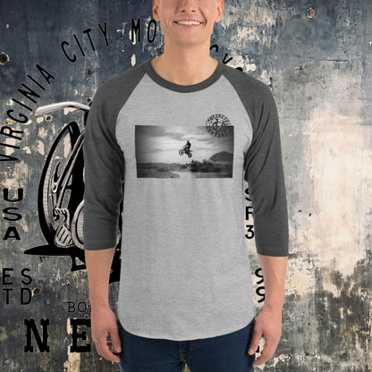 Dirt Bike Catching Air 3/4 sleeve raglan tee Men's T-Shirt Virginia City Motorcycle Company Apparel in Nevada USA