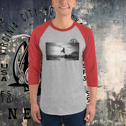 Dirt Bike Catching Air 3/4 sleeve raglan tee Men's T-Shirt Virginia City Motorcycle Company Apparel in Nevada USA