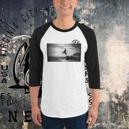 Dirt Bike Catching Air 3/4 sleeve raglan tee Men's T-Shirt Virginia City Motorcycle Company Apparel in Nevada USA