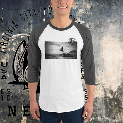 Dirt Bike Catching Air 3/4 sleeve raglan tee Men's T-Shirt Virginia City Motorcycle Company Apparel in Nevada USA