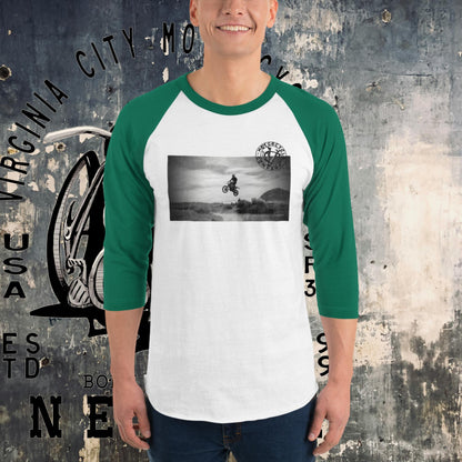 Dirt Bike Catching Air 3/4 sleeve raglan tee Men's T-Shirt Virginia City Motorcycle Company Apparel in Nevada USA