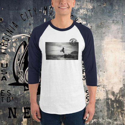 Dirt Bike Catching Air 3/4 sleeve raglan tee Men's T-Shirt Virginia City Motorcycle Company Apparel in Nevada USA