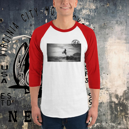Dirt Bike Catching Air 3/4 sleeve raglan tee Men's T-Shirt Virginia City Motorcycle Company Apparel in Nevada USA