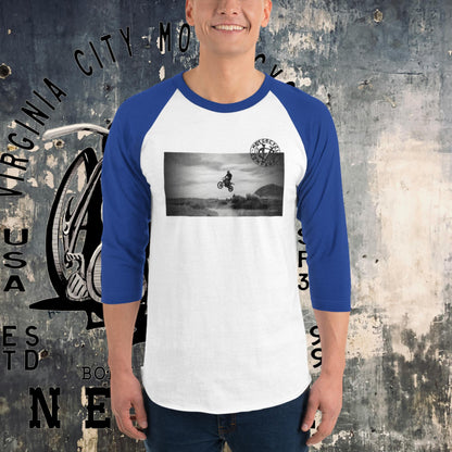 Dirt Bike Catching Air 3/4 sleeve raglan tee Men's T-Shirt Virginia City Motorcycle Company Apparel in Nevada USA